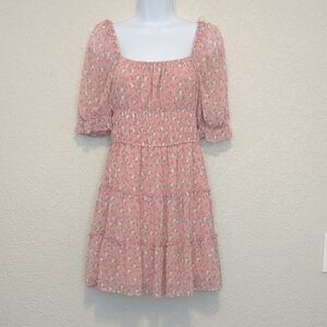 Trixxi pink puff sleeve on off shoulder tiered floral mini dress